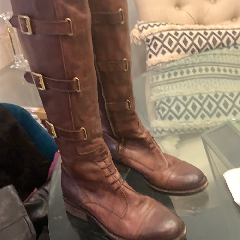 Vince Camuto Leather Brwn Riding Combat Boots, 7.5